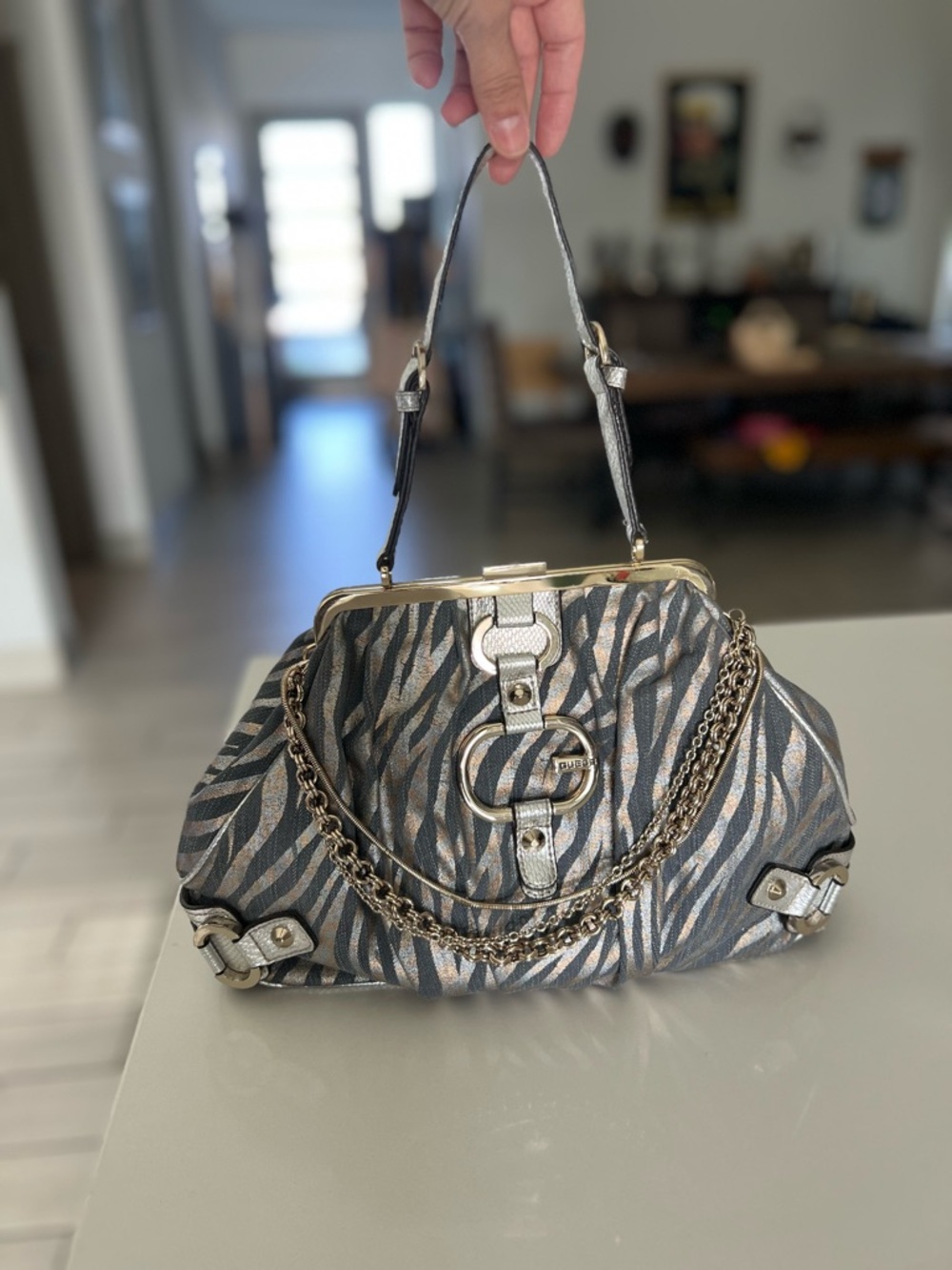 Guess Metallic Zebra-Print Shoulder Bag in Silver and Gray